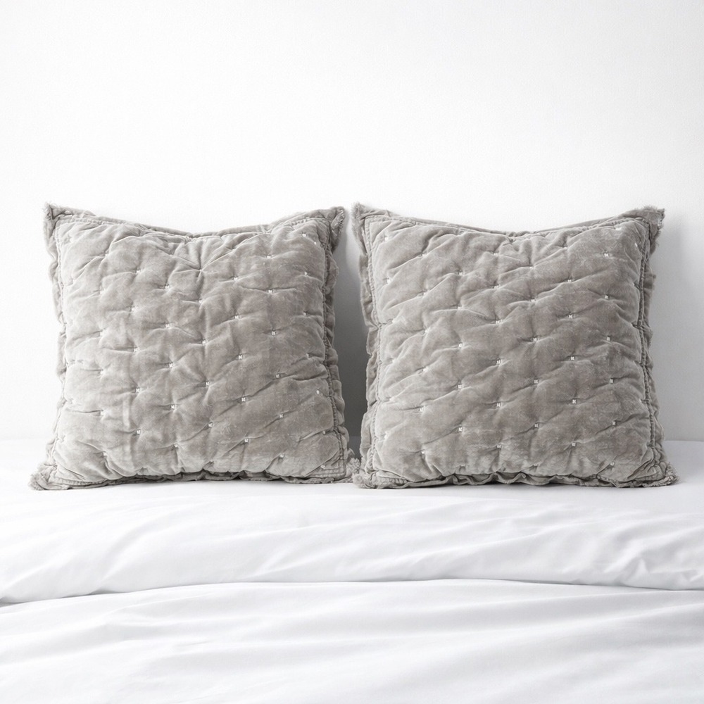 Pottery Barn Gray Velvet Tufted Euro Sham 26x26 Set of 2 Fringed Raw Hem Bedding